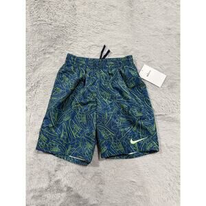 Nike Swim Trunks Boys Small Blue Green Swoosh Sneaker Print Drawstring Shorts